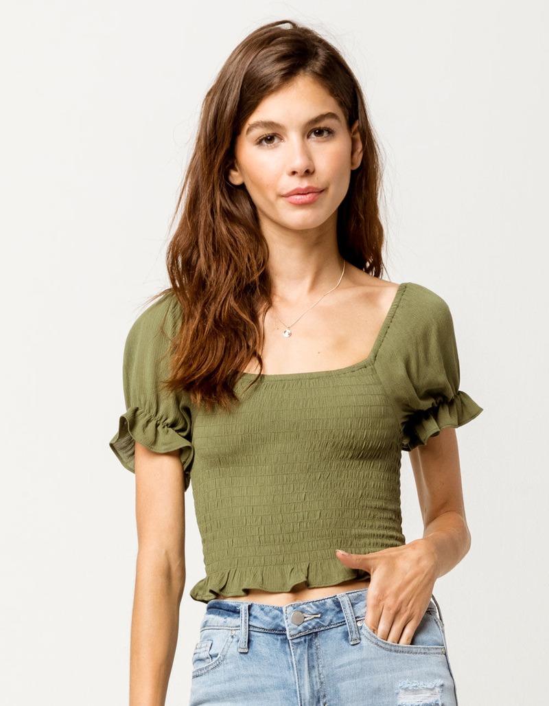SKY AND SPARROW Smocked Puff Sleeve Womens Crop Top image number 0