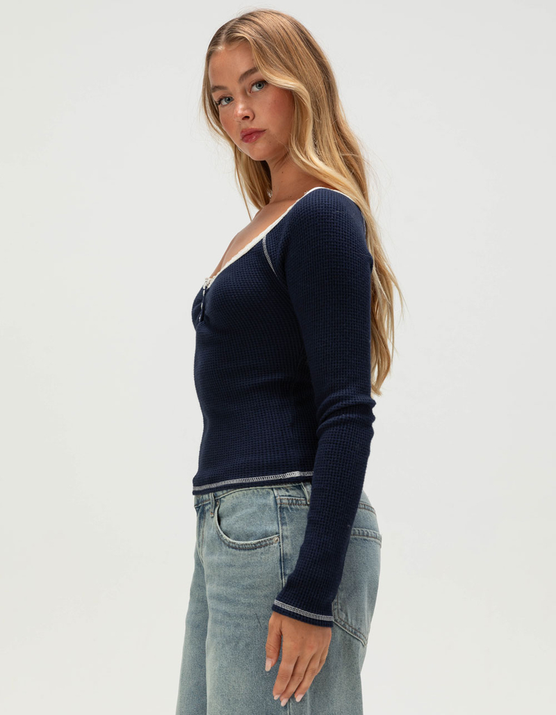 RSQ Womens Lace Trim Long Sleeve Henley Top image number 2