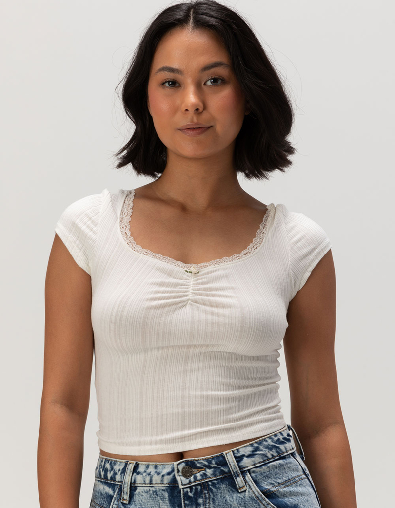FULL TILT Texture Lace Trim Womens Crop Top image number 0