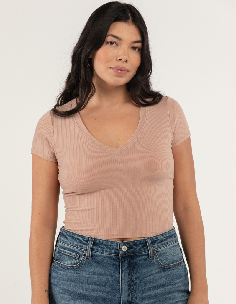 FULL TILT Essentials Womens V Neck Rib Tee image number 0