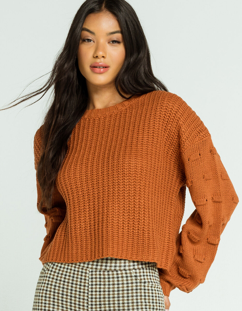 FULL TILT Pom Detail Balloon Sleeve Womens Rust Sweater image number 3