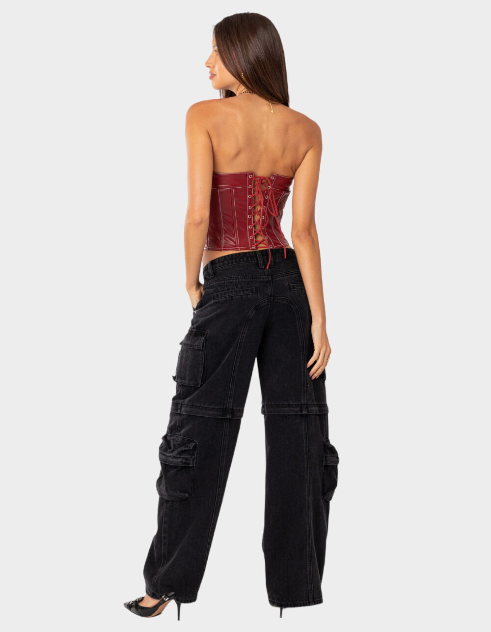 EDIKTED Moss Faux Leather Lace Up Womens Corset Top - DK RED