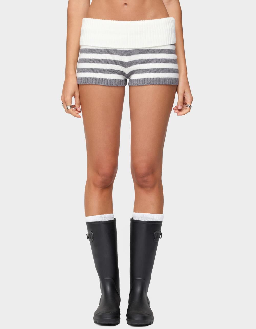 EDIKTED Saphi Striped Foldover Knit Shorts - GRAY - S | Tillys