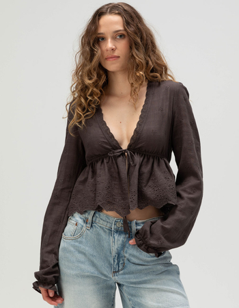 RSQ Womens Crochet Long Sleeve Tie Front Top Primary Image