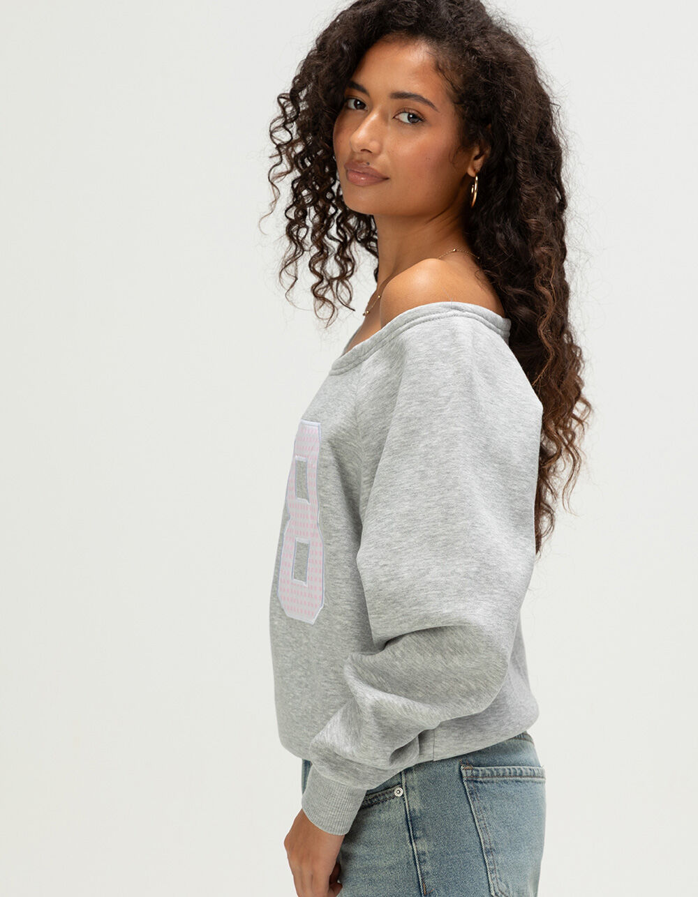 FULL TILT Womens Off The Shoulder Number Sweatshirt - HTHR GRY/PNK