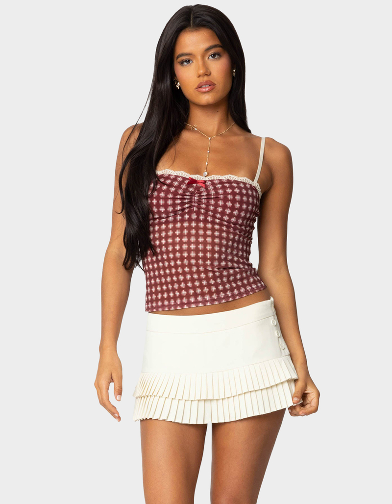 EDIKTED Checkered Mesh Built In Bra Top DK RED Tillys