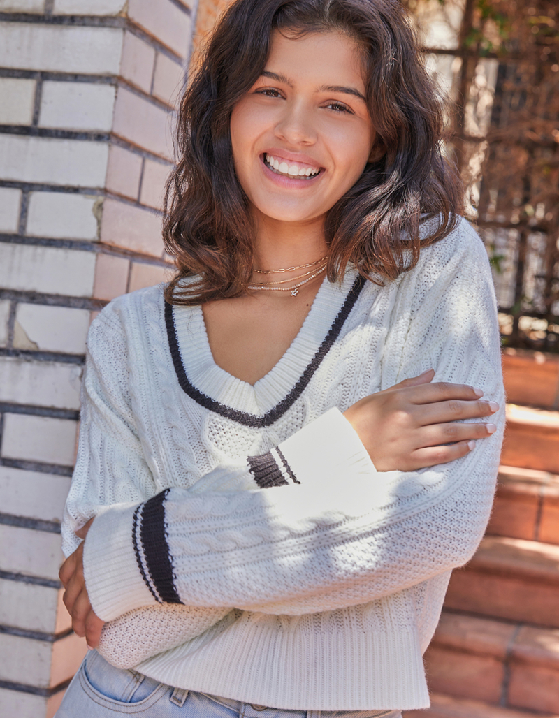 RSQ Womens Varsity Cable V Neck Sweater image number 0