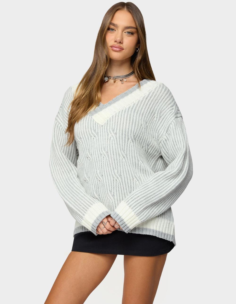 EDIKTED Lila V-Neck Cable Knit Sweater image number 0