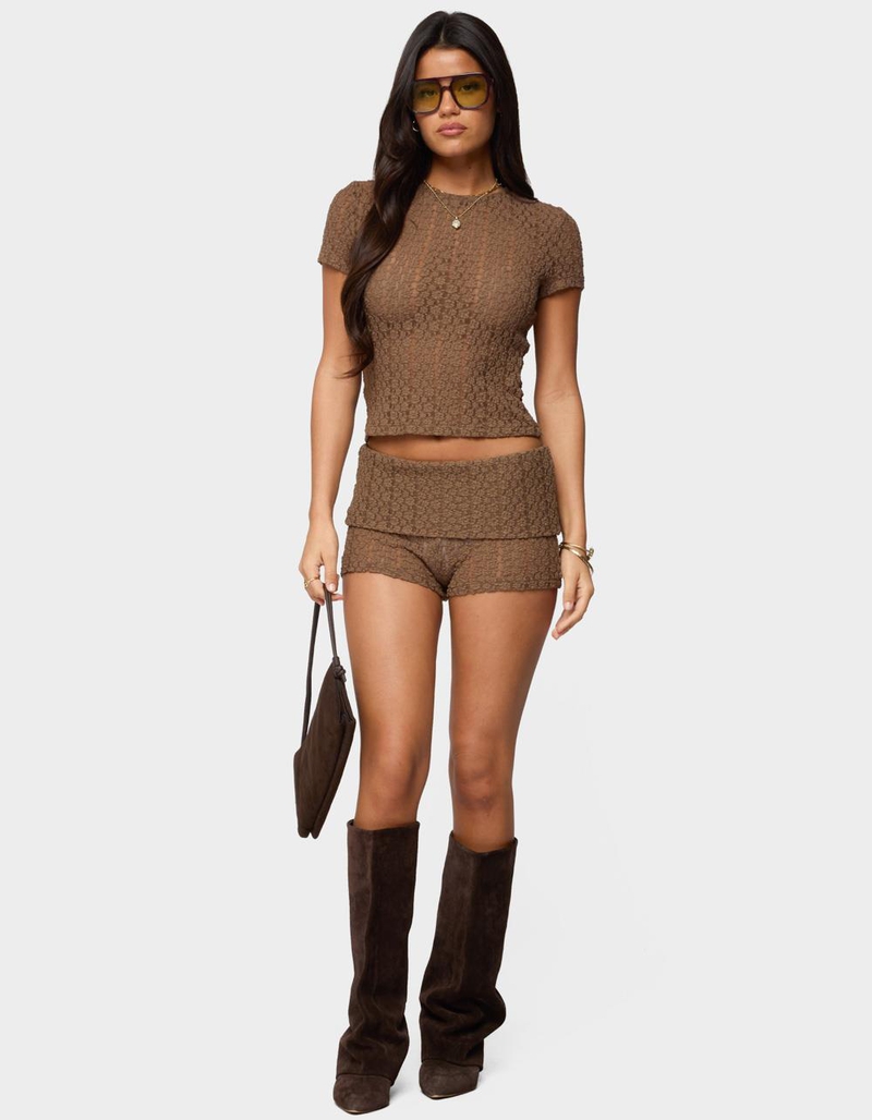 EDIKTED Rye Sheer Textured Foldover Shorts image number 4