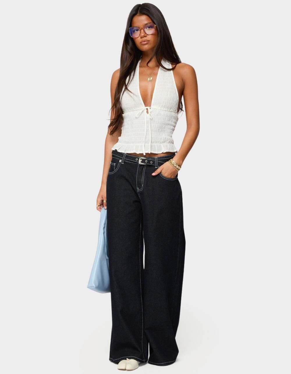 EDIKTED Karah Belt Low Rise Jeans - DARK BLUE - XS | Tillys
