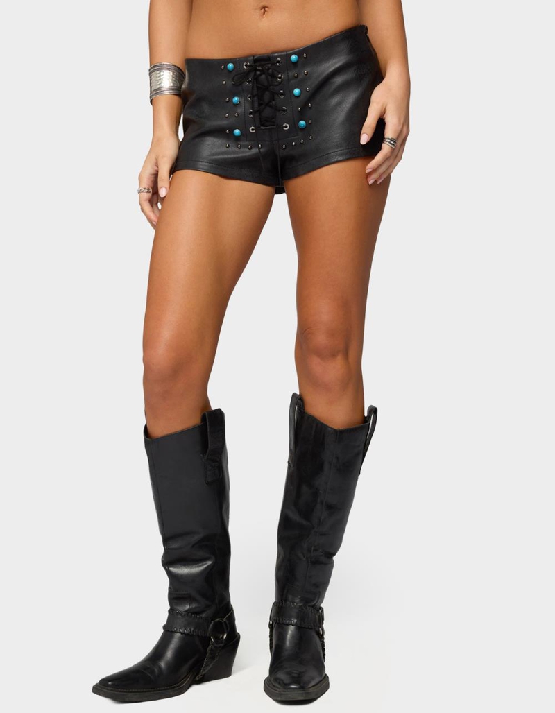 EDIKTED Jessica Lace Up Faux Leather Micro Shorts image number 0