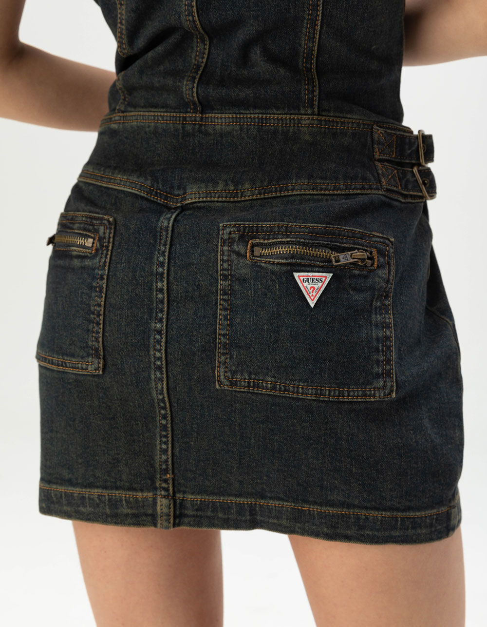 GUESS ORIGINALS Utility Womens Denim Mini Zip Dress - Dark Wash