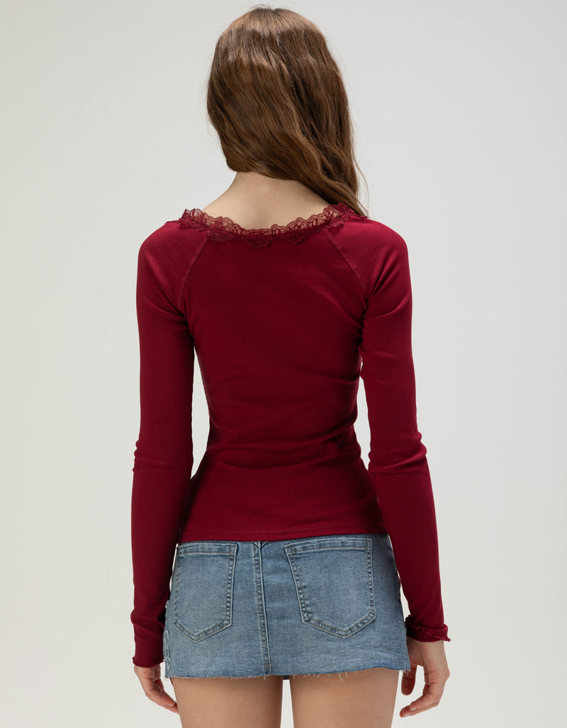 LOVE TREE Womens Lace Trim Long Sleeve Henley Top image number 3