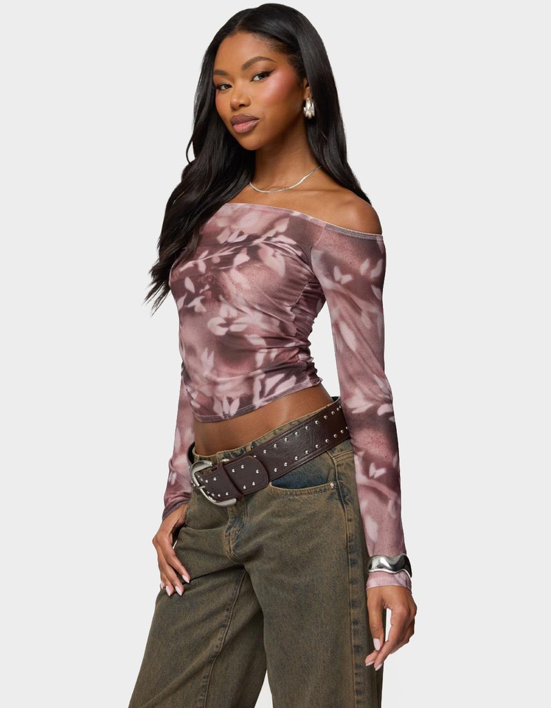 EDIKTED Off Shoulder Printed Sheer Mesh Top image number 1