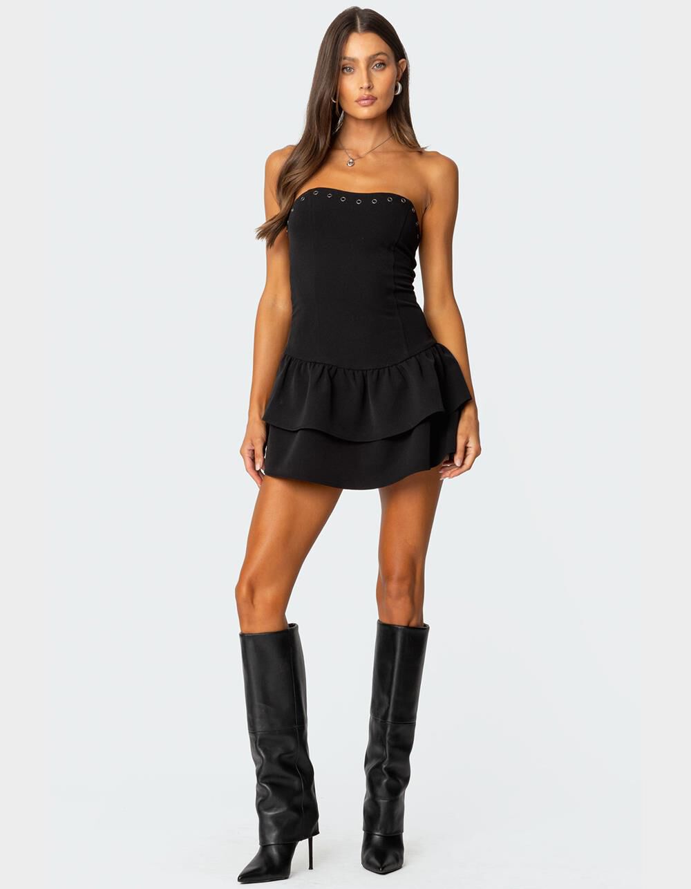EDIKTED Double Ruffle Drop Waist Mini Dress - BLACK | Tillys