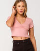 SKY AND SPARROW Solid V Neck Cinch Womens Pink Crop Tee image number 1