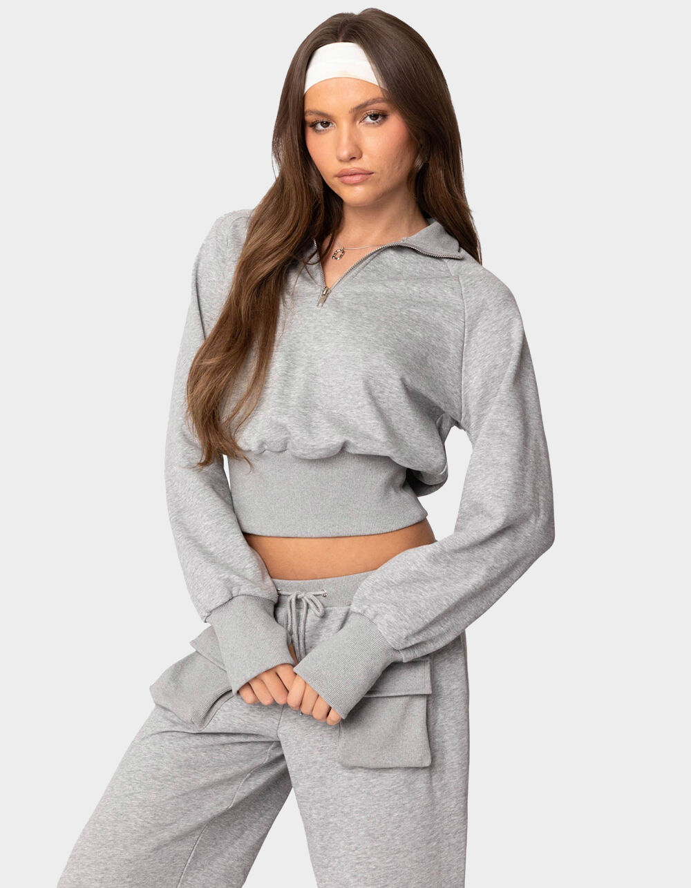 EDIKTED Bailey French Terry Quarter Zip Top - GRAY | Tillys