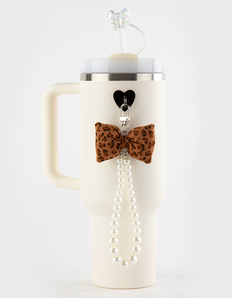 Leopard Bow Bottle Charm & Straw Cover Set image number 3