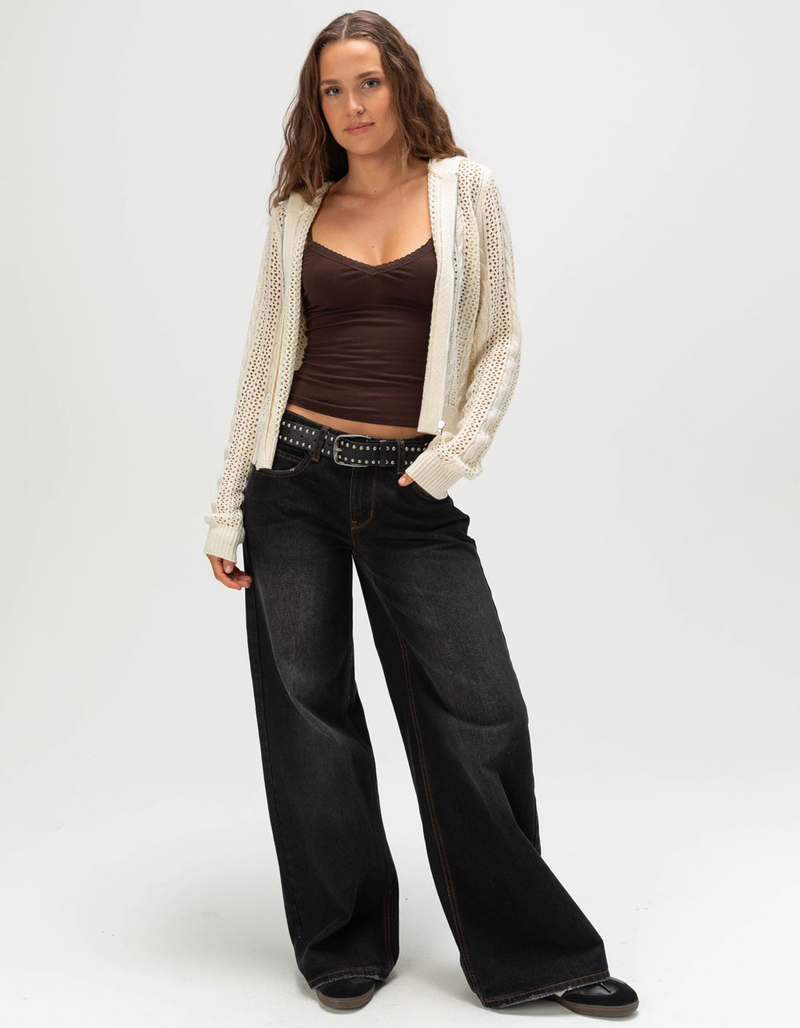 RSQ Womens Open Knit Zip-Up Hooded Sweater image number 1