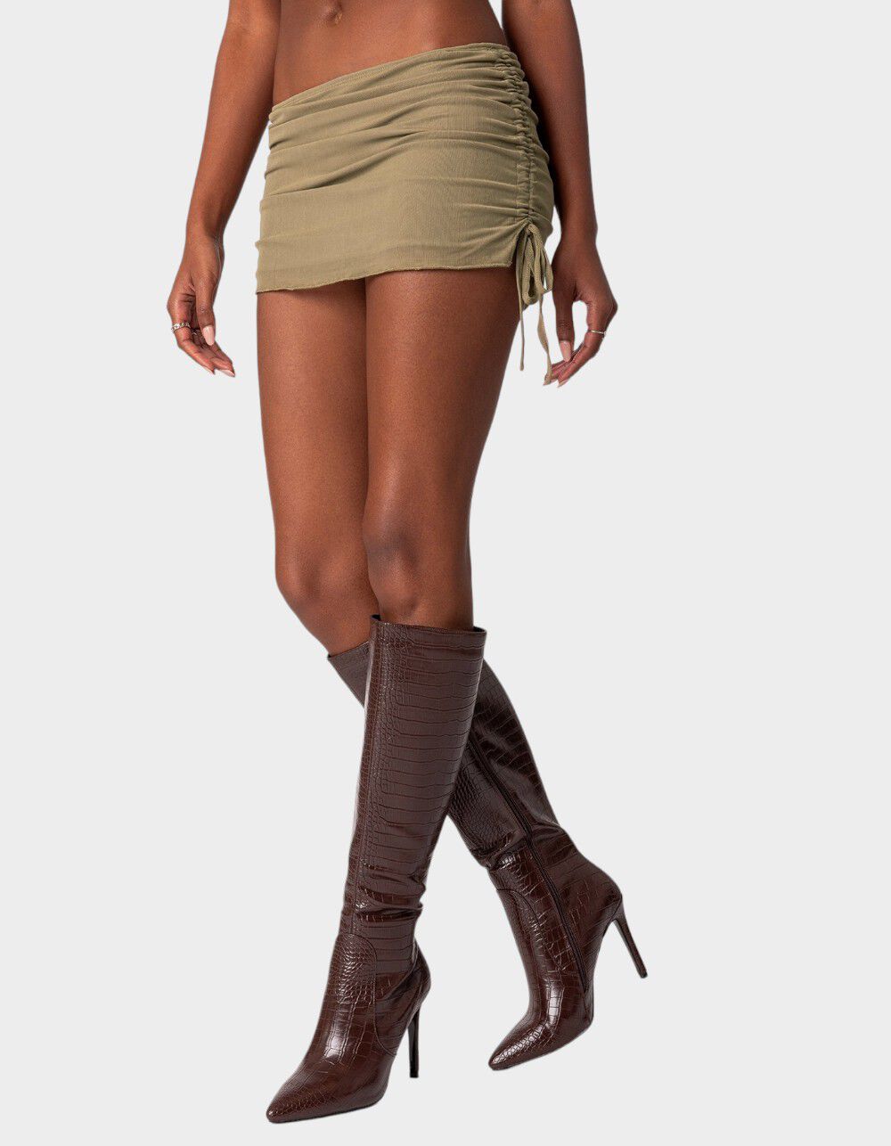 EDIKTED Joy Sheer Mesh Drawstring Mini Skirt - DK GREEN | Tillys