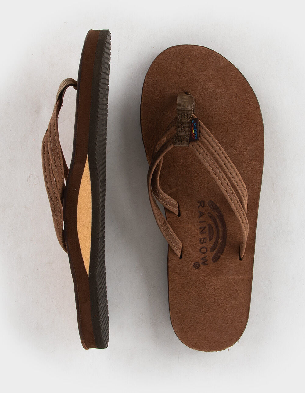 RAINBOW Luxury Leather Narrow Strap Womens Flip Flops - BROWN - S