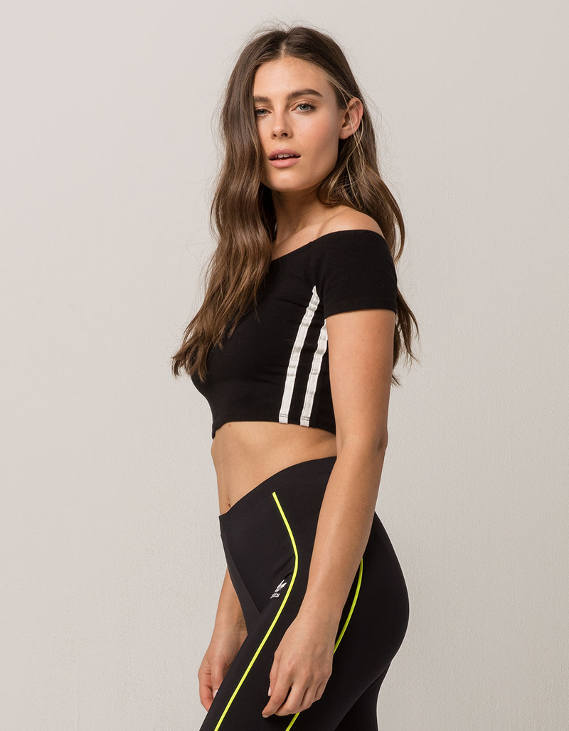 FULL TILT Varsity Stripe Black & White Womens Off The Shoulder Tee image number 1