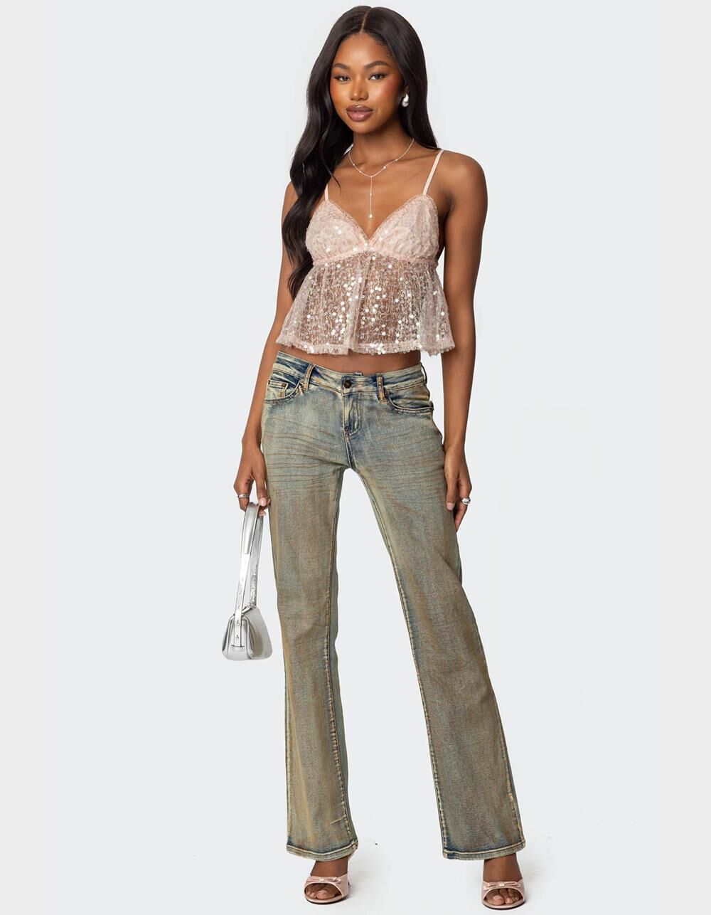 EDIKTED Sheer Sequin Babydoll Tank Top - PINK | Tillys