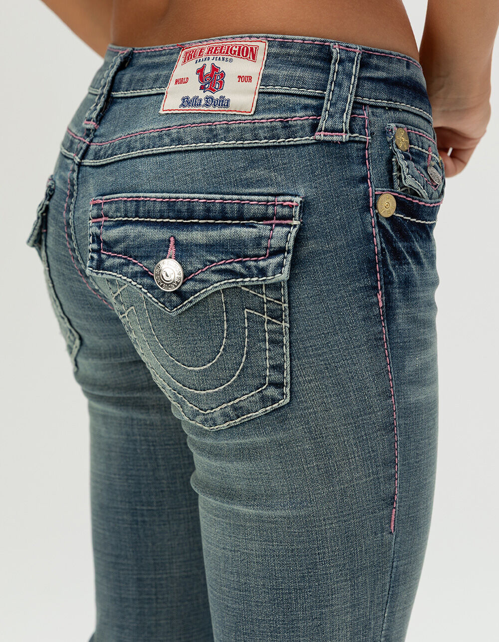 TRUE RELIGION x Bella Doña Joey Low Rise Big T Womens Flare Jeans