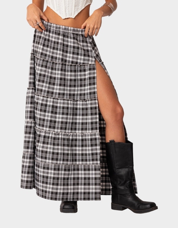 EDIKTED Plaid Side Slit Tiered Maxi Skirt Primary Image