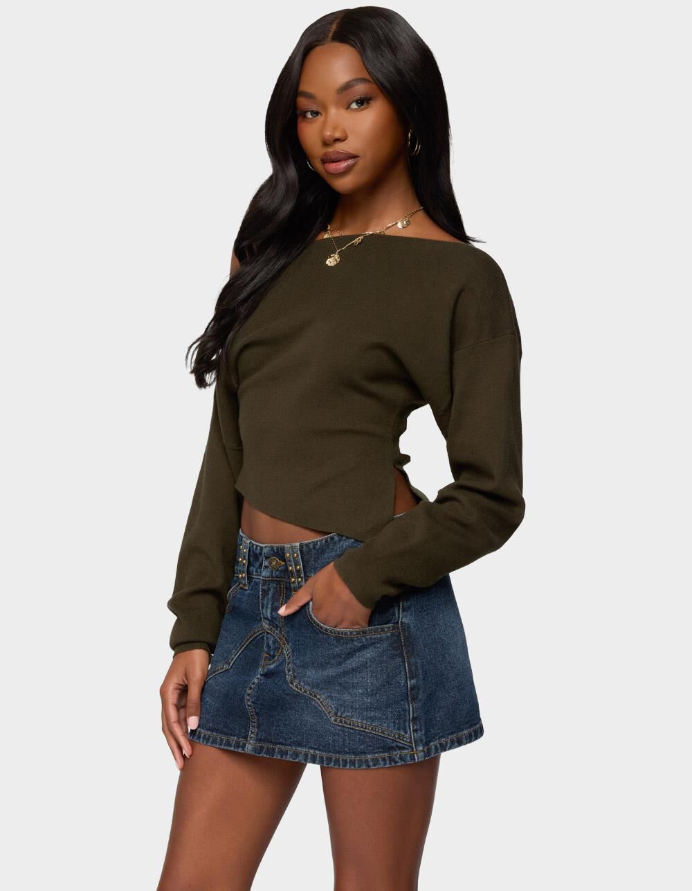 St.cecilia ドールニット タンクトップ EDIKTED Chenelle Asymmetric Off Shoulder Sweater - DK GREEN - L