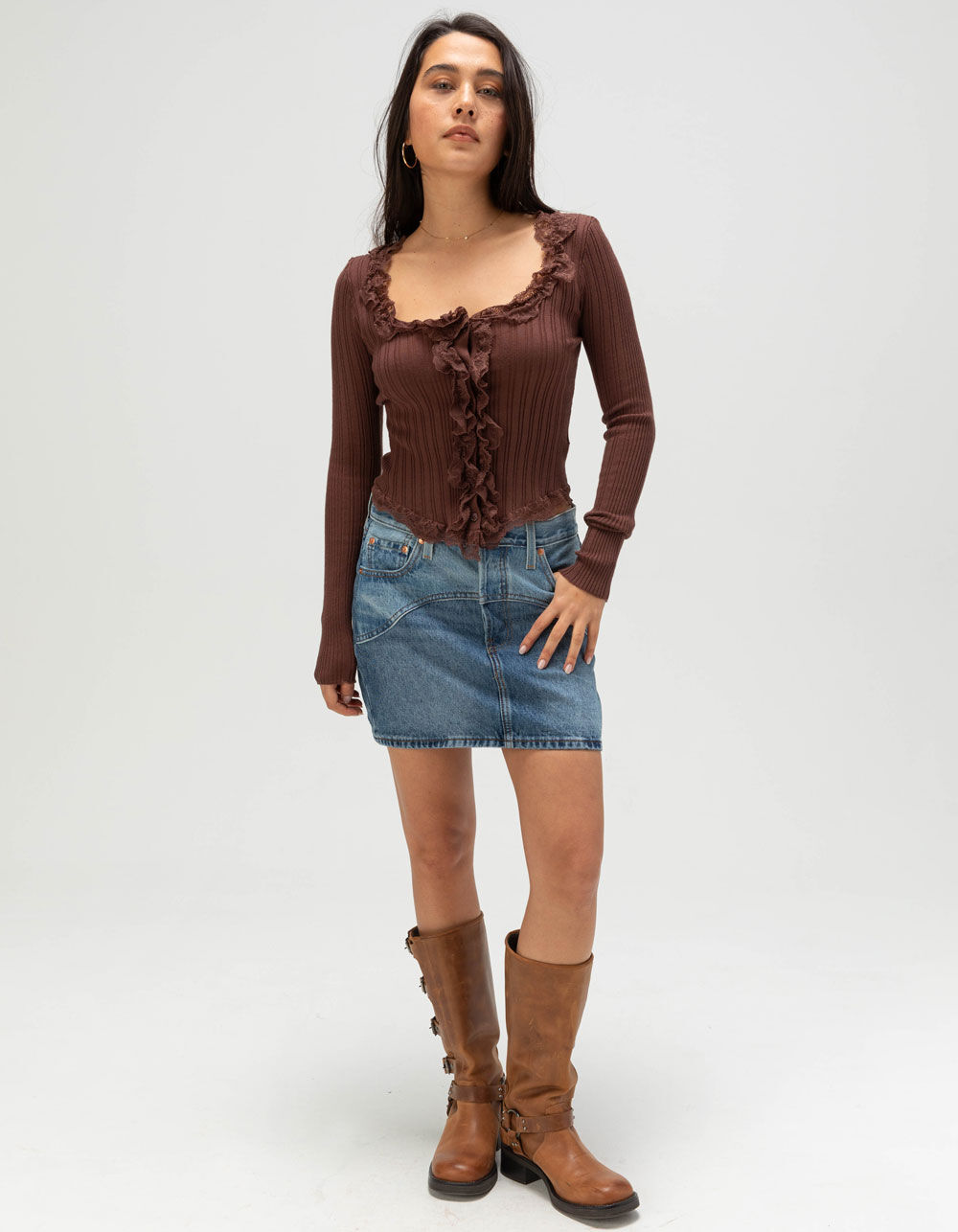 WEST OF MELROSE Lace Trim Womens Button Front Top - BROWN - XS