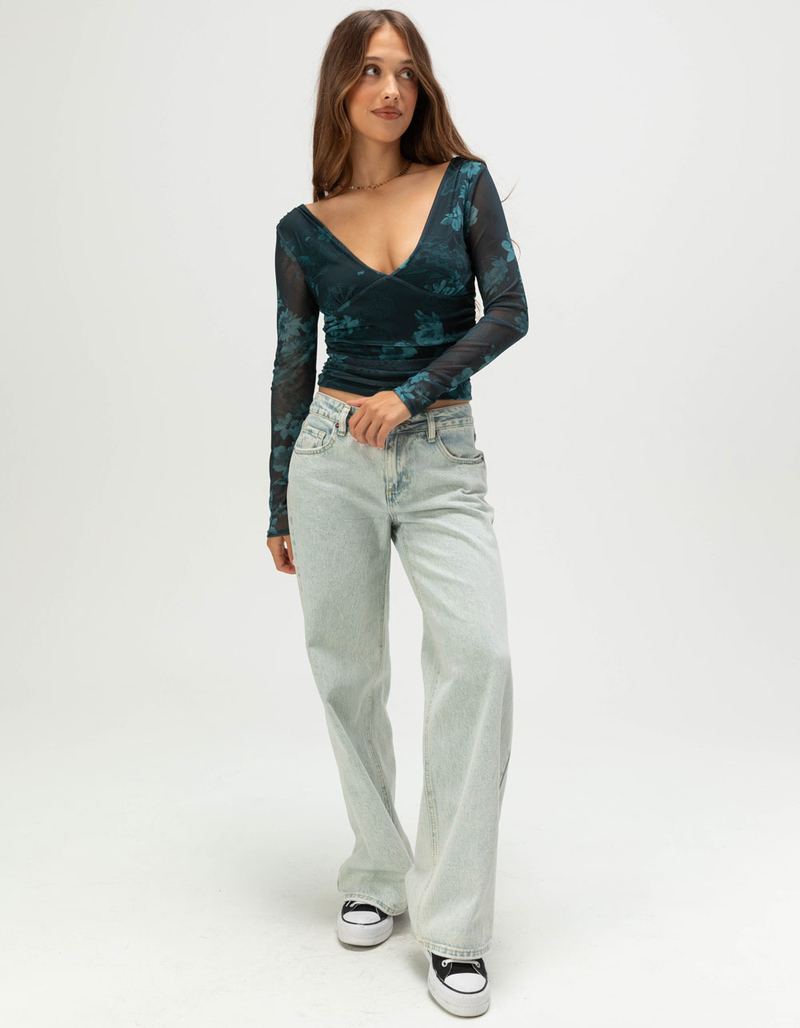 FULL TILT Floral Mesh Ruched Womens Long Sleeve Top image number 1
