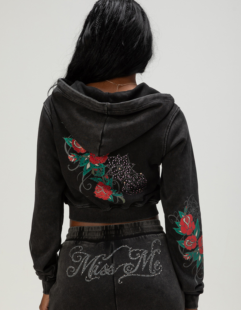 MISS ME Tattoo Womens Crop Zip-Up Rhinestone Hoodie image number 1