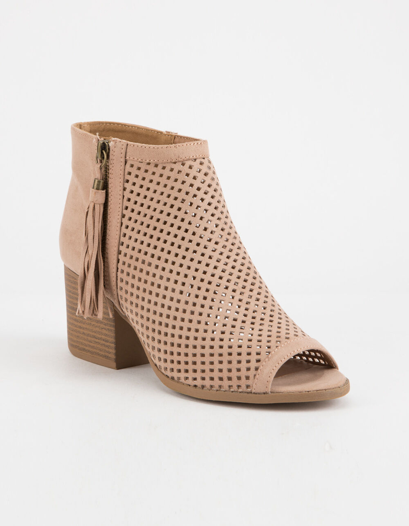 QUPID Peep Toe Perforated Womens Taupe Booties image number 0