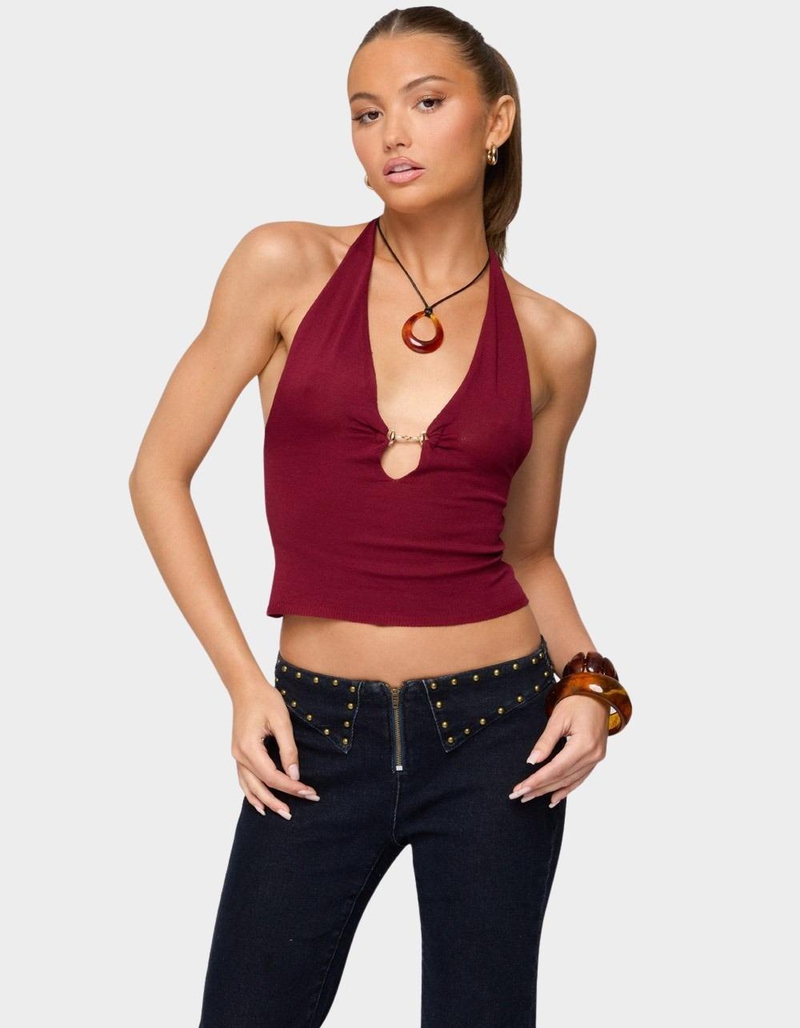 EDIKTED Missie Knitted Plunge Neck Halter Top image number 0