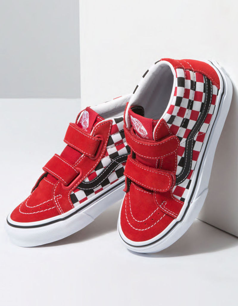 VANS Checkerboard Sk8-Mid Reissue V Black & Racing Red Boys Velcro Shoes image number 2