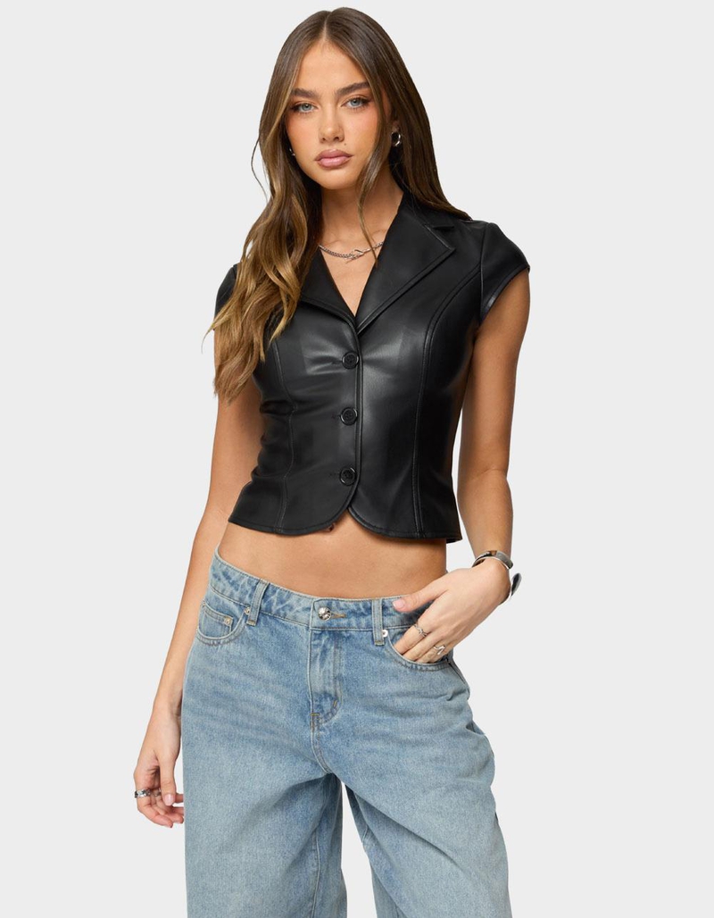 EDIKTED Faux Leather Tailored Button Up Top image number 0