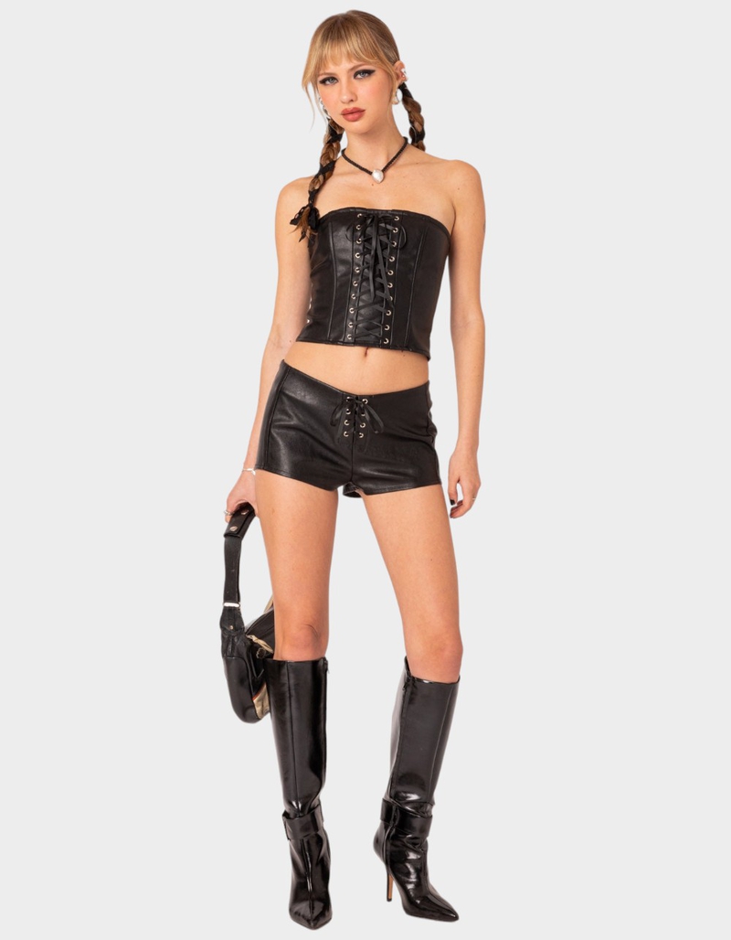 EDIKTED Wilde Lace Up Faux Leather Shorts - BLACK | Tillys