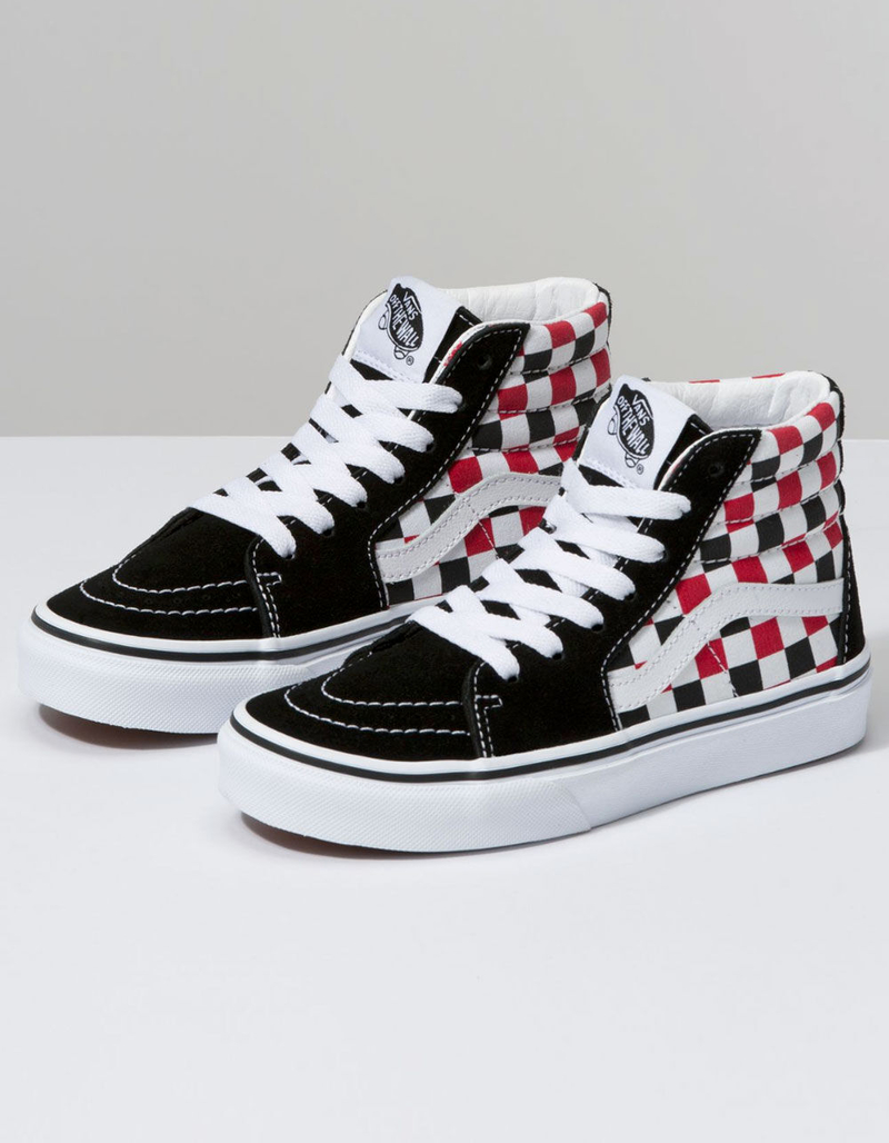 VANS Checkerboard Sk8-Hi Black & Racing Red Kids Shoes image number 0