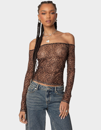 EDIKTED Leopard Sheer Mesh Off Shoulder Top Primary Image