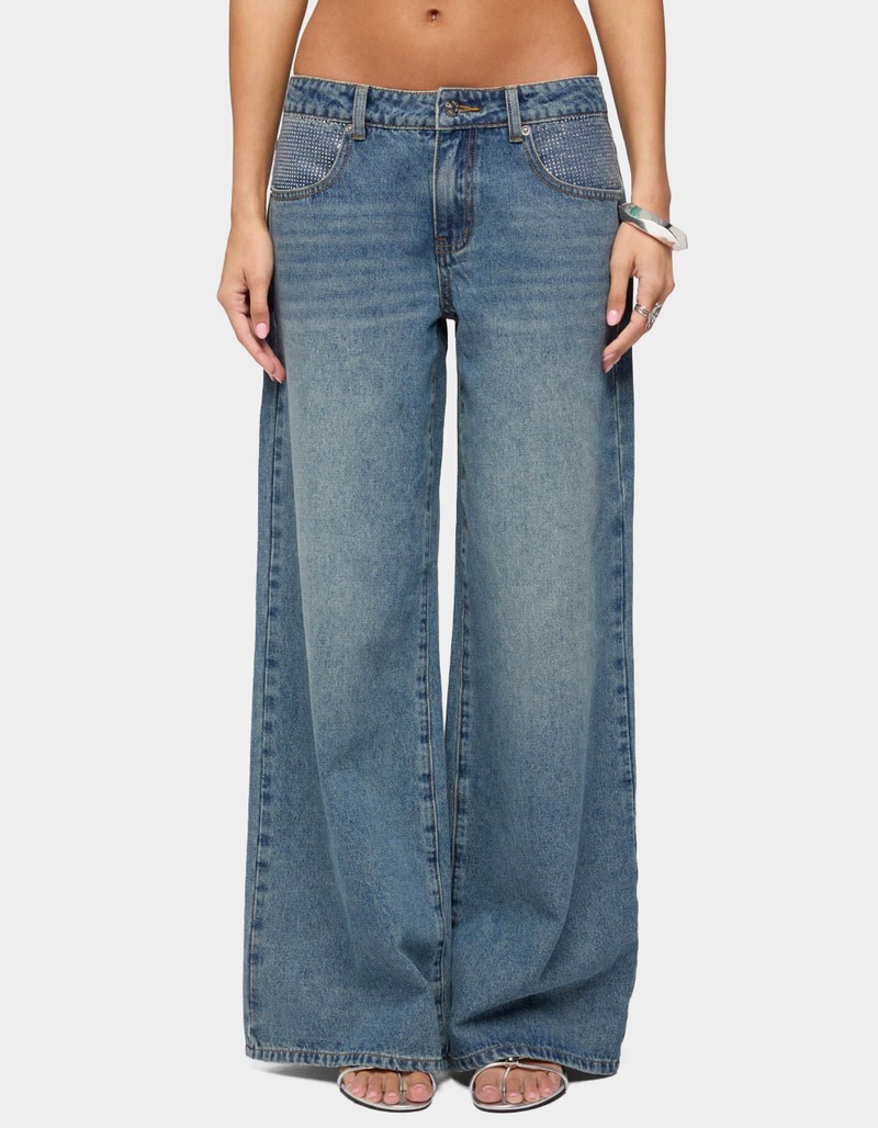 EDIKTED Rhinestone Low Rise Wide Leg Jeans image number 0