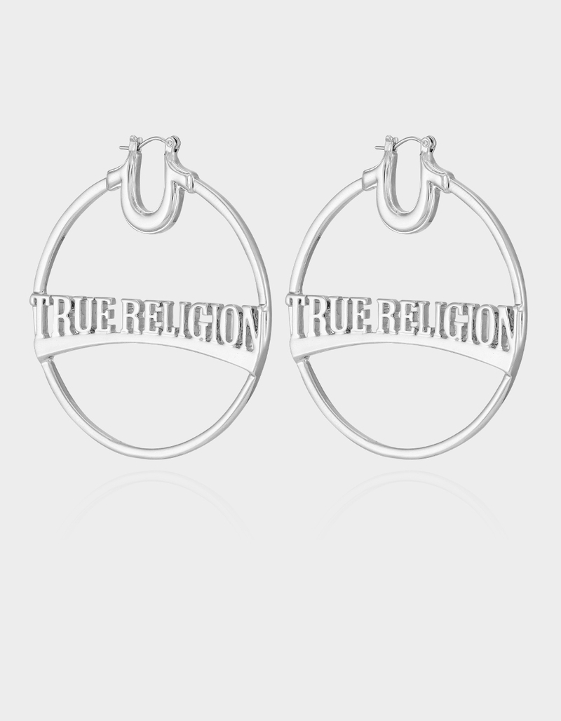 TRUE RELIGION Silver Tone Large Logo Hoop Earrings image number 1