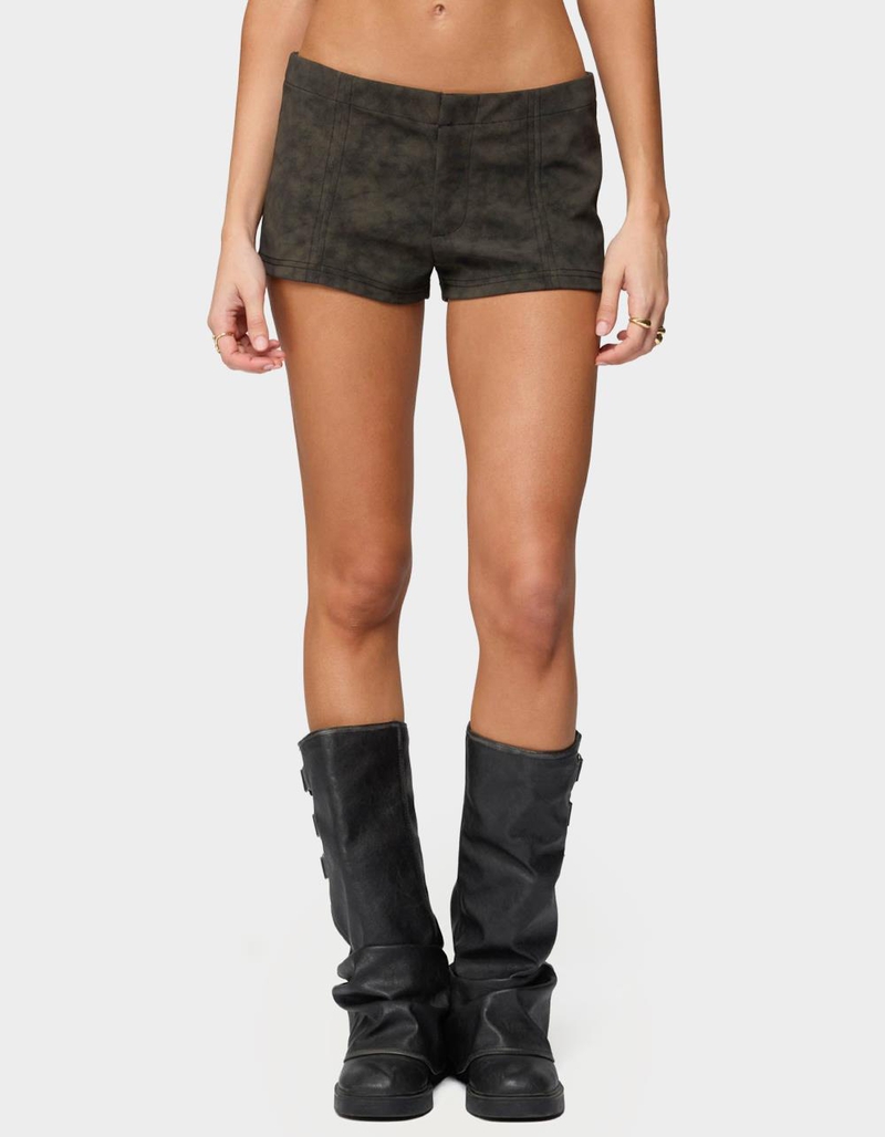 EDIKTED Taia Distressed Faux Leather Micro Shorts image number 0