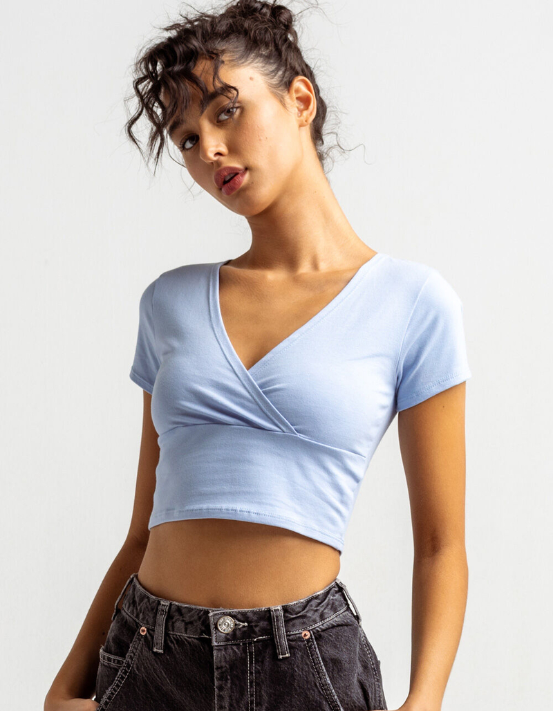FULL TILT Surplice Womens Light Blue Crop Tee image number 0
