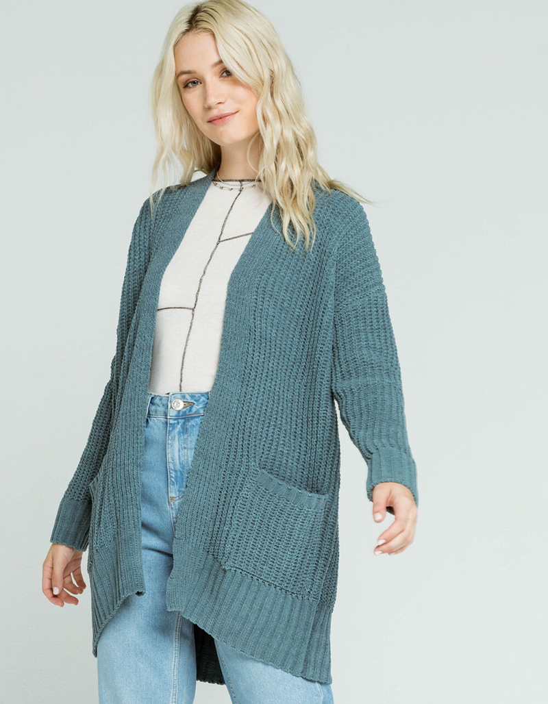SKY AND SPARROW Chenille Ribbed Womens Teal Green Cardigan image number 0