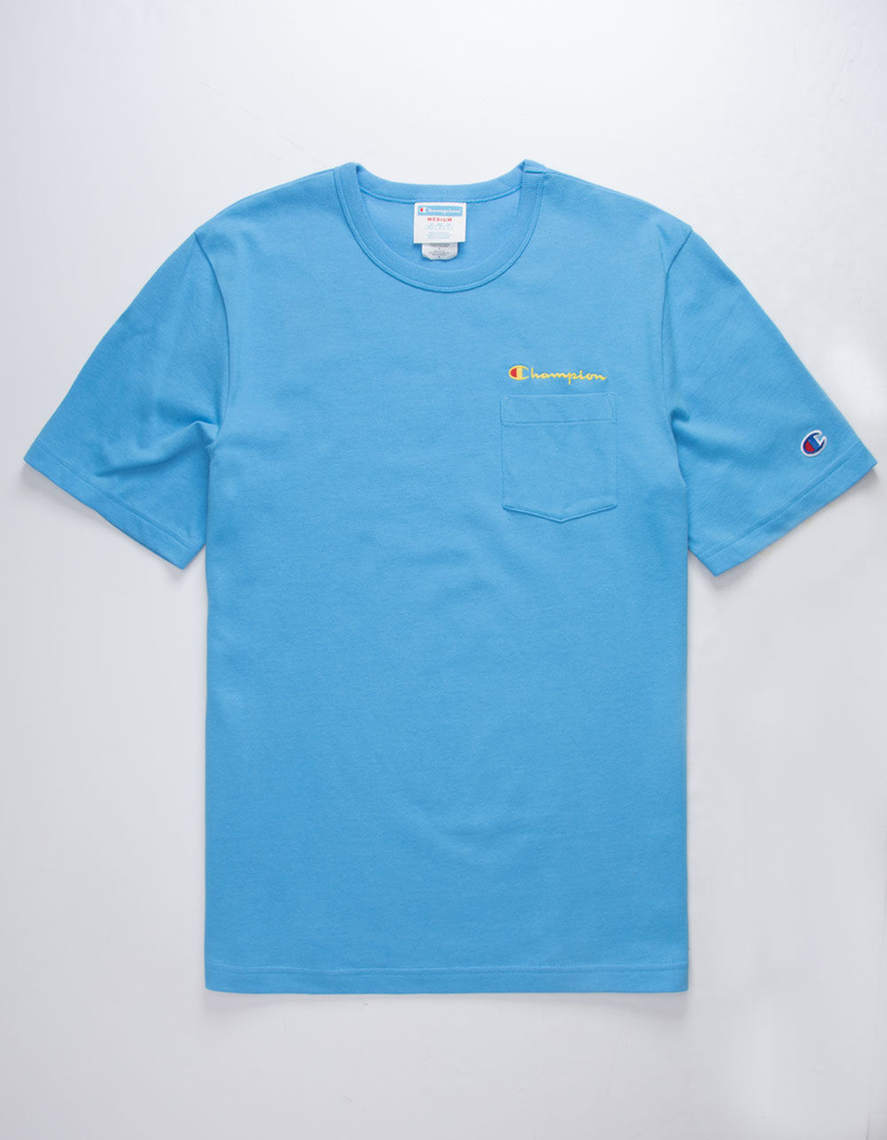 CHAMPION Embroidered Script Logo Light Blue Mens Pocket Tee image number 0