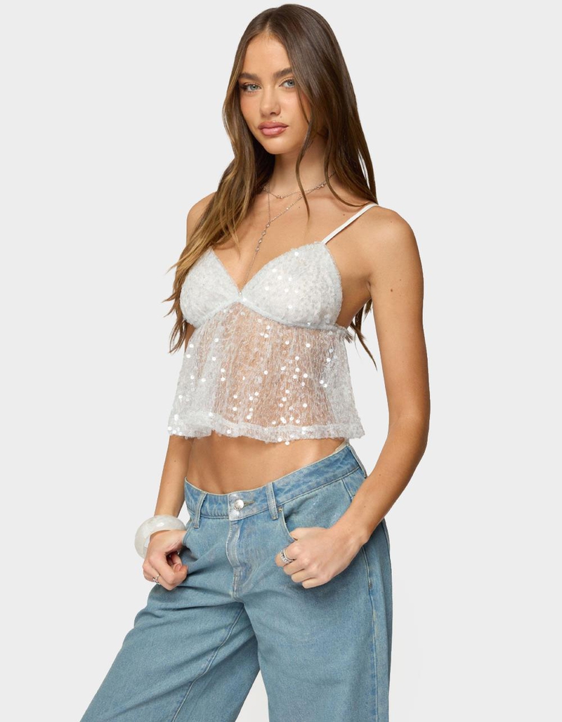 EDIKTED Sheer Sequin Babydoll Tank Top image number 1