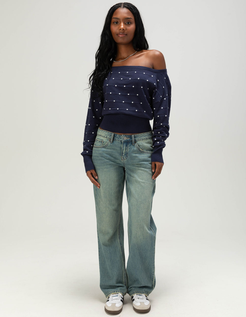 RSQ Womens Off The Shoulder Dot Banded Bottom Sweater image number 1
