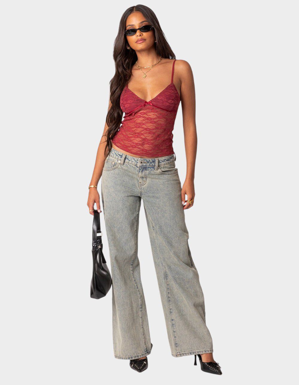 EDIKTED Eira Sheer Lace Tank Top - DK RED | Tillys