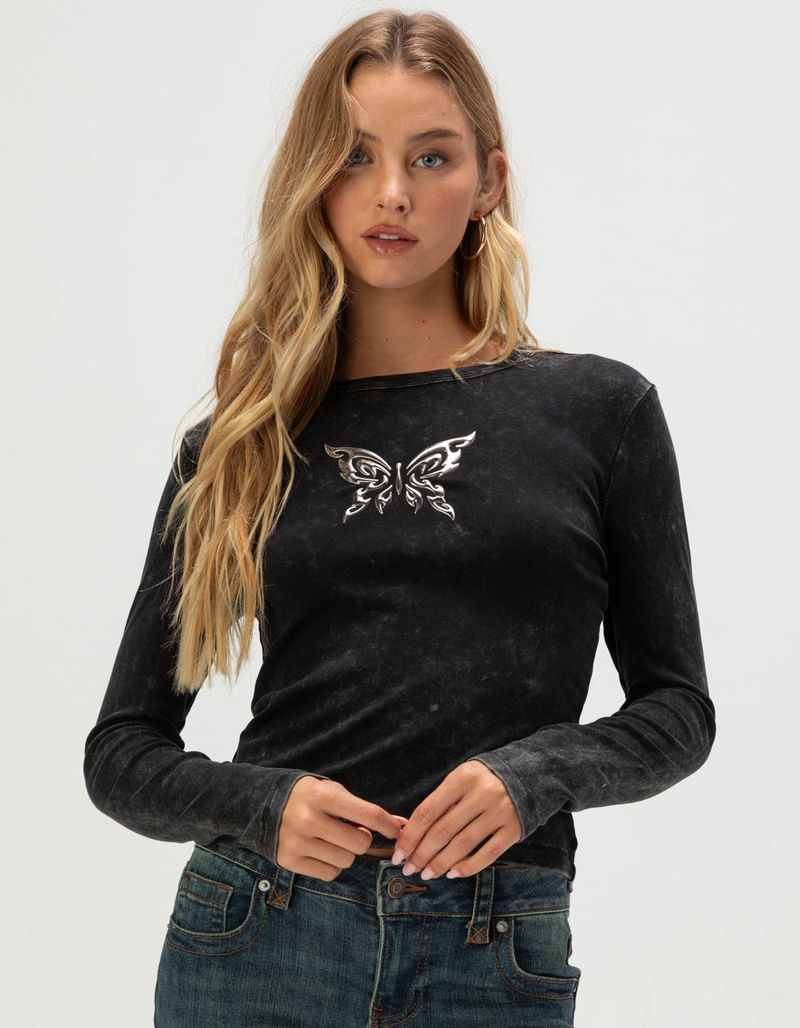 FULL TILT Chrome Butterfly Womens Long Sleeve Baby Tee image number 0